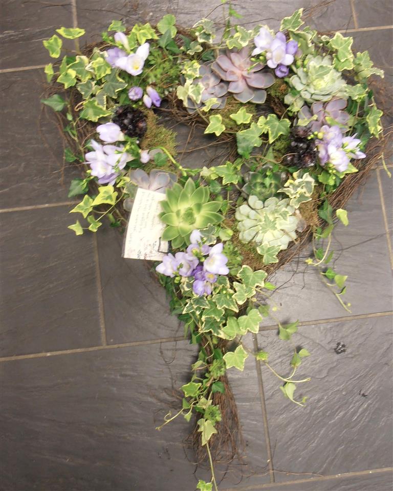 succulent planted heart  funeral tribute cornwall